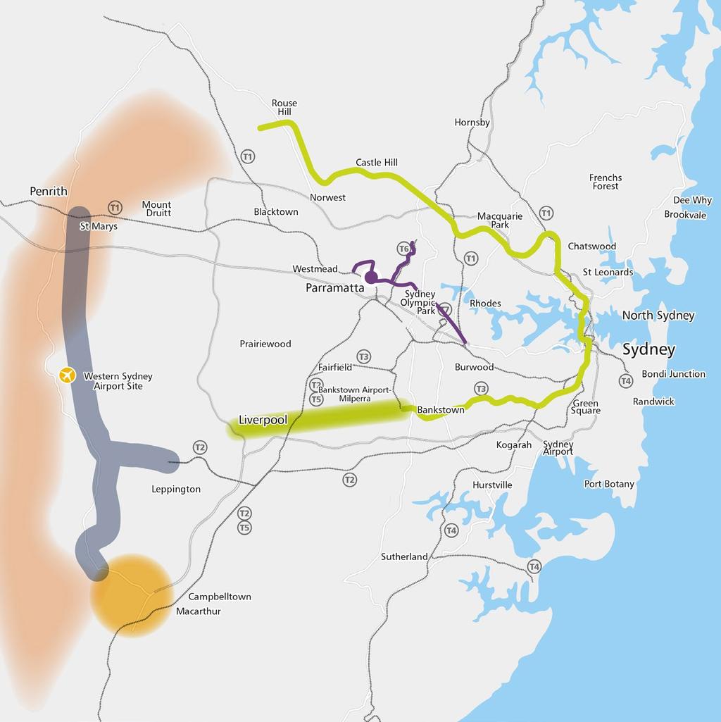Figure 7 Transport initiatives in Western Sydney Western Sydney Airport site Sydney Metro South West Rail Link Extension corridor preservation T1 T2 T3 North Shore, Northern and Western Line Airport,