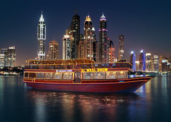 star hotels with their splendid architecture, and private beaches, the infamous Palm Jumeirah along with the majestic Atlantis Hotel, and even the Burj Al Arab in the night sky whilst cruising