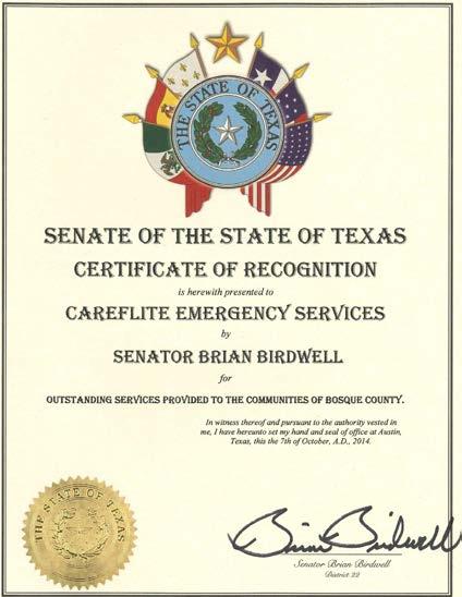 CAREFLITE RECOGNIZED FOR PROVIDING PROTECTION AND CARE TO BOSQUE COUNTY RESIDENTS BY