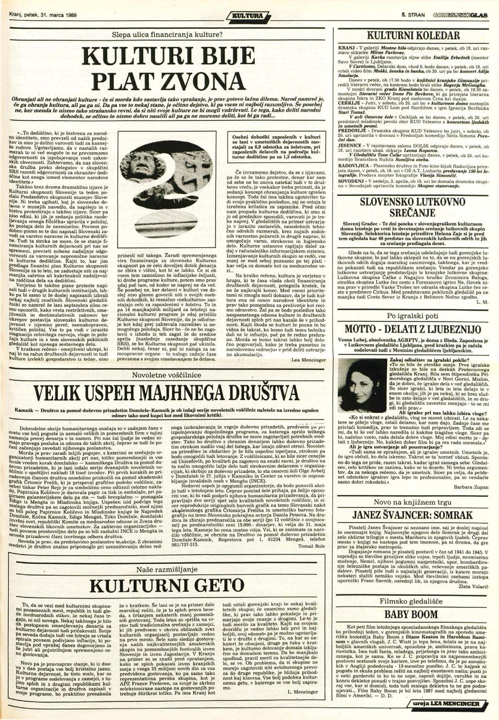 Kranj, petek, 31. marca 1989 KULTURA 5. stran mmmssmoilab Slepa ulica financiranja kulture?
