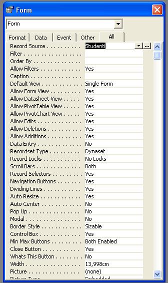 Na vježbama uvijek će se raditi s grupom All. Field list služi za prikazivanje izvora maske. Izvor maske može biti tablica ili upit.