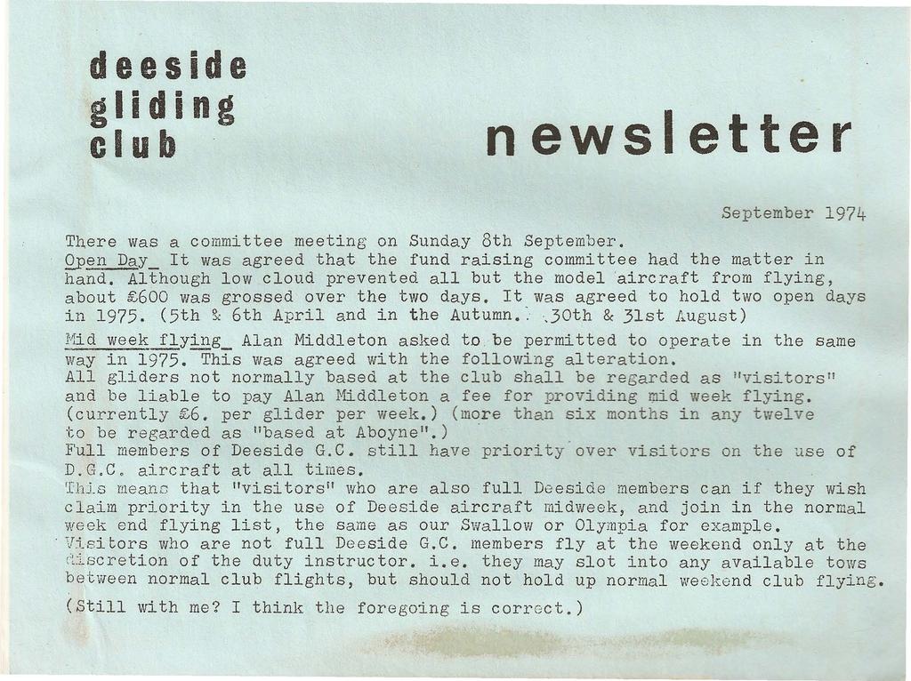 deeside gliding c lu b newsletter September 1974 There was a committee meeting on Sunday 8th September. OPen Day_ It was agreed that the fund raising committee had the matter in hand.