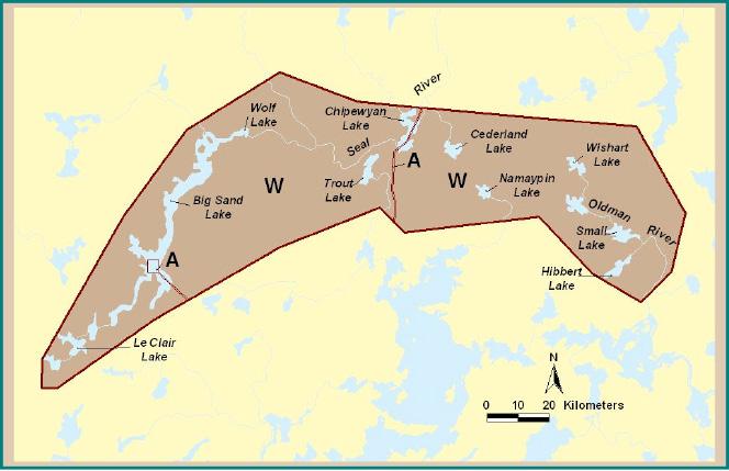 4 Sand Lakes Provincial Park The South Seal River canoe route starts at the southwest tip of the park and travels though Big Sand Lake, Loon Lake and Chipewyan Lake before it exits the park and