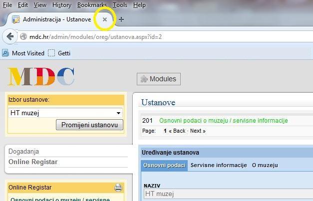 Opera, Chrome i sl. prikaz gumba za gašenje preglednika označen je žutim na Sl. 72.
