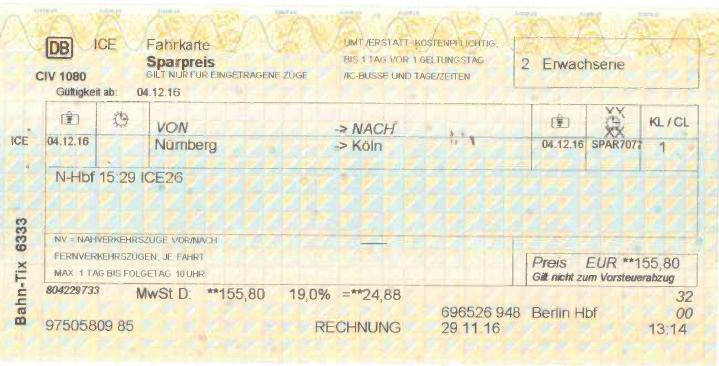 The printed DB train ticket looks like this: 2 1 3 4 1 Conditions of fare 2 Validity of ticket 3 Departure and