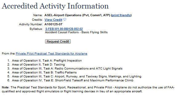 Before you schedule a flight with your CFI, you may wish to look at the requirements of the activity. To do so, click on the activity title - in this case "ASEL-Airport Operations (Pvt, Comm'l, ATP).