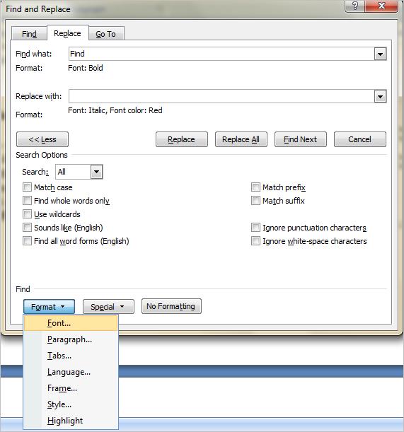 Formatiranje dokumenata u Microsoft Office Word 2007 Formatiranje zamenom Izborom opcije Replace u jezičku Home ili kombinacijom tastera Ctrl+H otvara se jezičak Replace dijaloga Find and Replace.