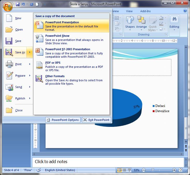 Microsoft Office Power Point 2007 Pokretanje i čuvanje prezentacije Najlakši način za pokretanje prezentacije je pritiskom na