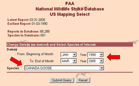 entrance takes the user to the Query Select Screen where dates of interest may be selected (the default is the time span of the entire database) and species of