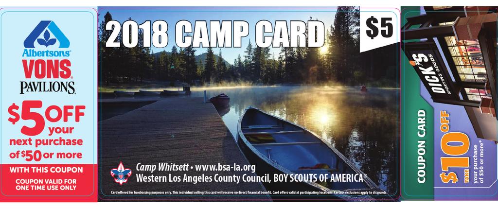 Image of our 2018 Camp Card The Camp Card Sale Sales Techniques for Scouts The Camp Card initiative is designed to help Scouts earn their way to summer resident camp, high adventure or Cub day camp /