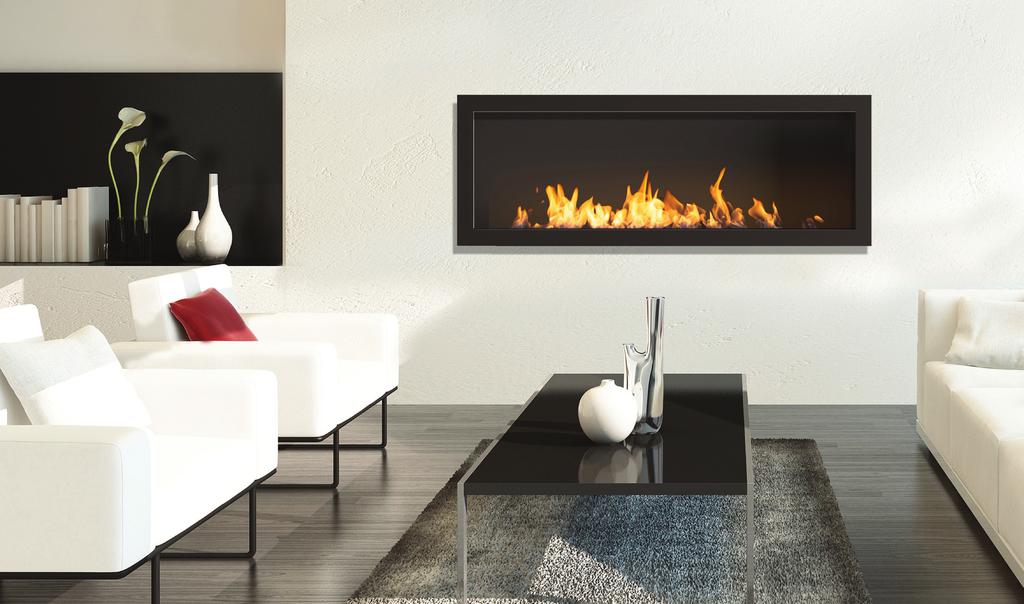 The unique mounting frame enables flush fitting into the surface. Elegant proportions and the brushed stainless steel accentuate the long continuous flame.