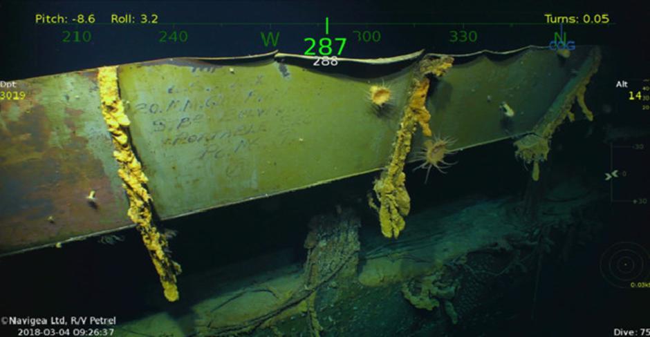 A plate of steel with writing intact among the wreckage of the USS Lexington. SACRIFICE AND GAIN Both sides declared the Battle of the Coral Sea a victory. Both were right.