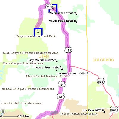MAP: 33 of 38 Continuing to Monument Valley, Utah Remaining Distance: 155.3 miles (249.9km) 24a. Continue on US-191 heading SOUTHEAST.