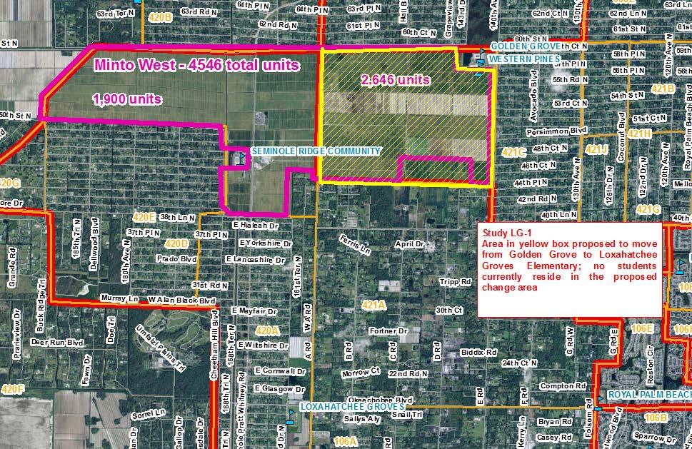Study LG 1 Golden Grove Elementary (#2421) to Loxahatchee Groves Elementary (#1901) There are currently no existing students residing in the proposed change area; this proposal moves future