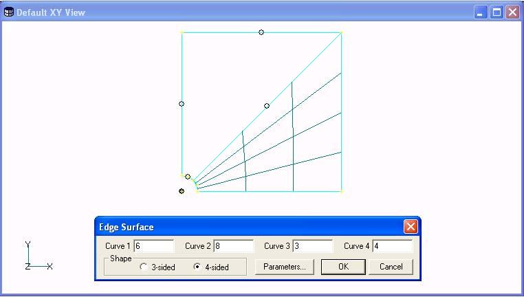 Lijevom tipkom miša odaberite 4 linije koje zatvaraju gornji četverokut modela i u prozoru Edge Surface pritisnite OK (ako je potrebno, prije toga aktivirajte opciju 4-sided ) U prozoru Edge Surface