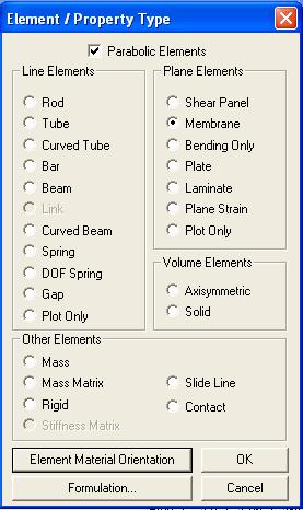 .. Odjeljak Plane Elements - odaberite Membrane Aktivirajte opciju Parabolic Elements (u NASTRAN-u to su elementi 2.