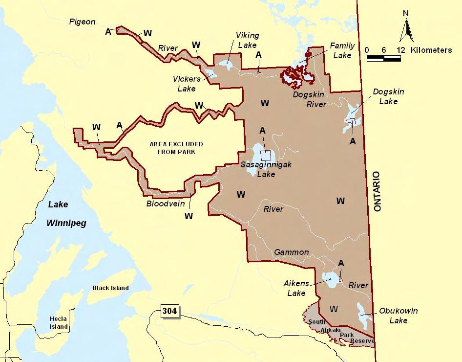 Atikaki Land Use Categories Drawn from Director of Surveys Plan # 19802 Wilderness (W) Size: 396,265 ha or > 99% of the park.