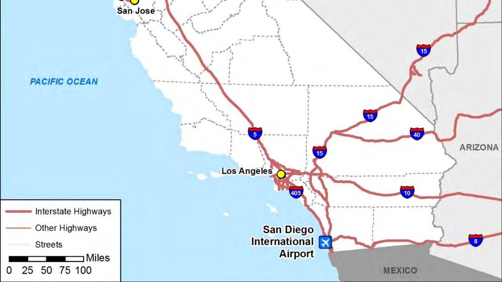 Interstate 8, located less than two miles to the north. The airport primarily accommodates passenger airline and air cargo operations, but also supports some general aviation and military activity.