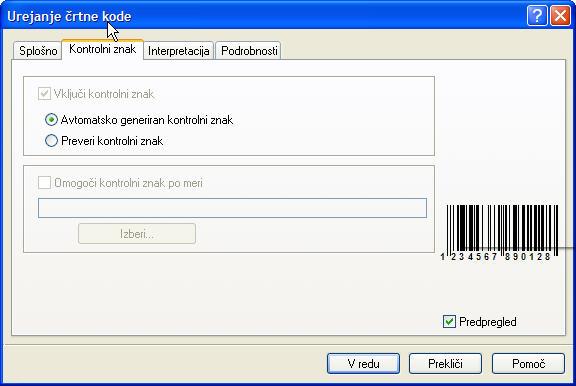 Edit bar code dialog box Check digit tab V programu NiceLabel lahko izberete ali želite vnesti vrednost kontrolnega znaka ali naj ga program izračuna za vas: Avtomatsko generiran kontrolni znak:
