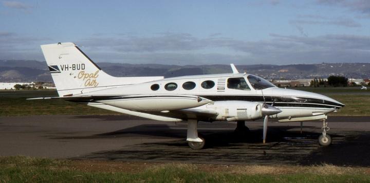 After three years a larger aircraft VH-RXY Cessna 310K was leased followed by VH-BUD (2) Cessna 310K to cater for the increased traffic. VH-BUD (1) CE210/5 Adelaide [Photo J Smith 1.6.