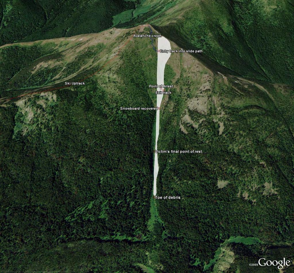 Figure 6: Google Earth image of the avalanche site and points of interest. REFERENCES Greene, Ethan M., K. W. Birkeland, K. Elder, G. Johnson., C. Landry, I. McCammon, M. Moore, D. Sharaf, C.
