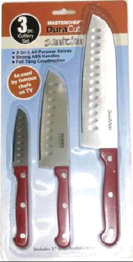 KA031 RD 3pc Santoku knife set w/ Red ABS handle / blister
