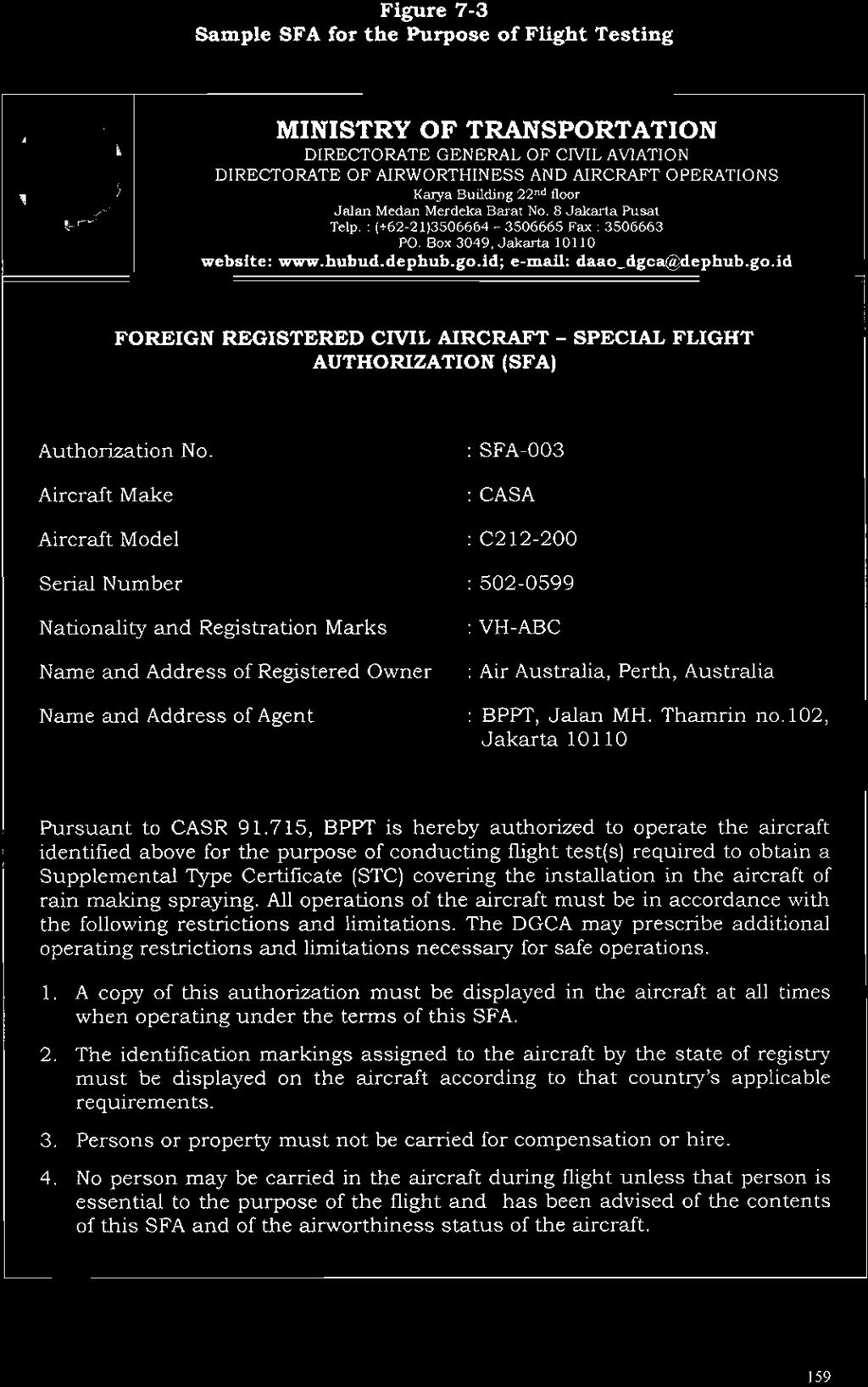 id; e-mail: daao dgcai/dephub.go.id FOREIGN REGISTERED CIVIL AIRCRAFT - AUTHORIZATION (SFA) SPECIAL FLIGHT Authorization No.