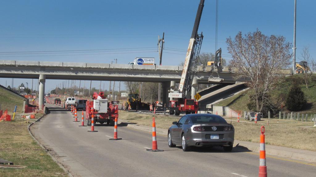 District Five Removal of the outside railing of bridges on K-96 over Greenwich Road (in northeast Wichita) is the first stage of widening the bridges to create two new interchange ramps.
