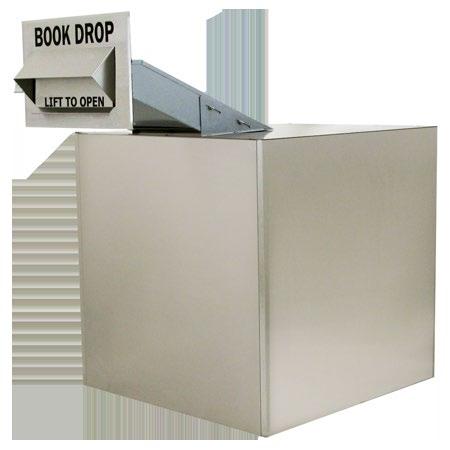 MODEL: 1010-TW with Book Truck CAPACITY: 550 BOOKS CHUTE OPENING: 13 1/2 X 4 1/2 DIMENSIONS: 38 X 38 X 38 TALL HEAD: 22 X 14 INCLUDES: Stainless steel cabinet, two brass-works registered locks, four