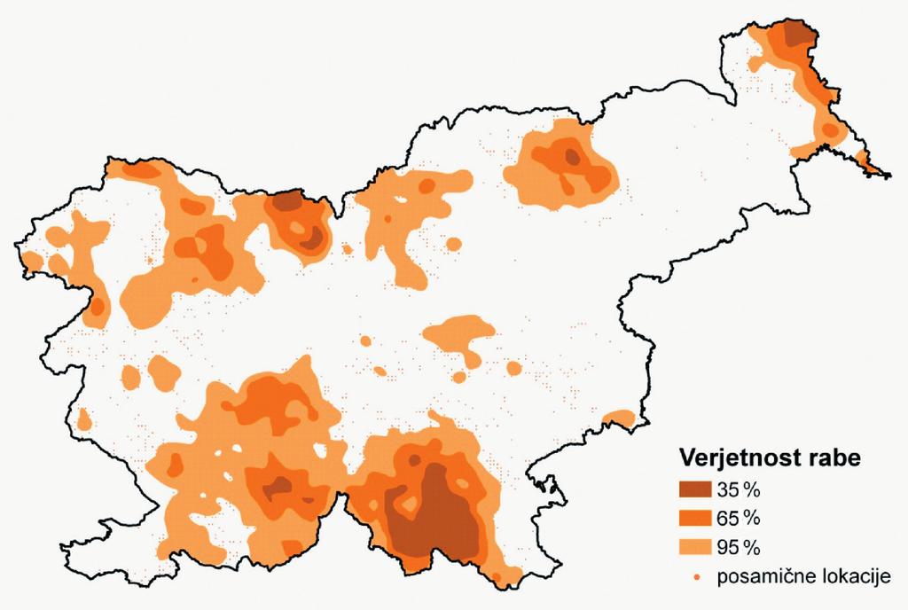 Slika 3: Razširjenost jelenjadi v Sloveniji in relativne lokalne gostote (za razlago glej tudi besedilo pod sliko 2) Populacijska območja (P = 0,95) jelenjadi pokrivajo dobro tretjino (35,8 %)