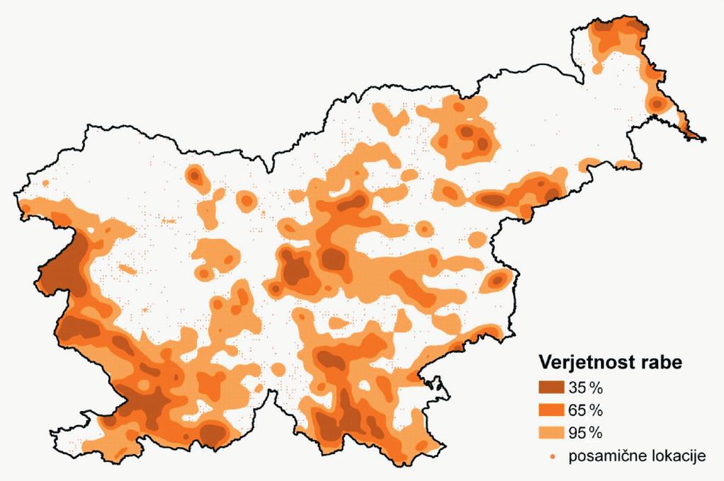 Slika 4: Razširjenost divjega prašiča v Sloveniji in relativne