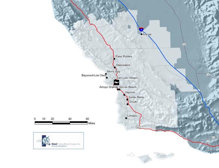 Table 2: San Luis Obispo County Regional Airport Immediate Catchment Area (60 Mile Radius) The Airport s immediate catchment area includes all the communities within 60 miles, or an hour s drive, of
