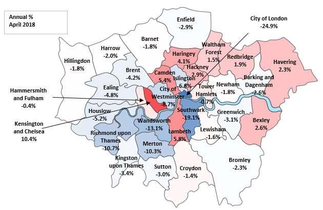 London boroughs, counties and unitary authorities The highest annual increase in prices was seen in Kensington & Chelsea, at 10.4%.