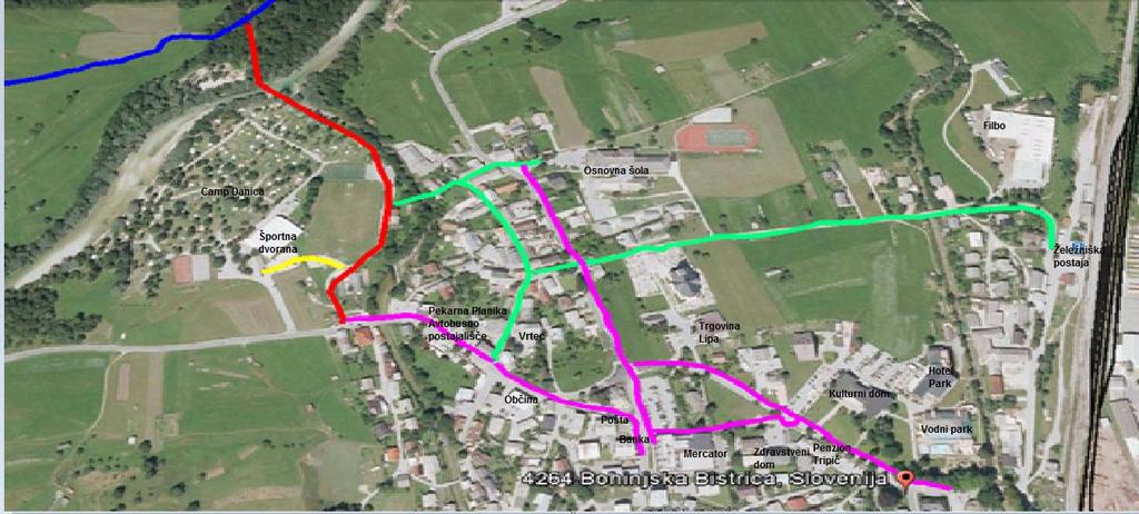 V Bohinjski Bistrici bi bilo potrebno v nadaljevanju zgraditi samostojne kolesarske poti in steze (na sliki obarvane z vijolično barvo), ki bi se navezovale na dostope do Klodičeve kolesarske poti