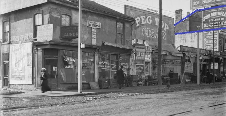 8. Archival Photograph, Yonge and Grenville Streets, 1912: showing (outlined in colour in the upper