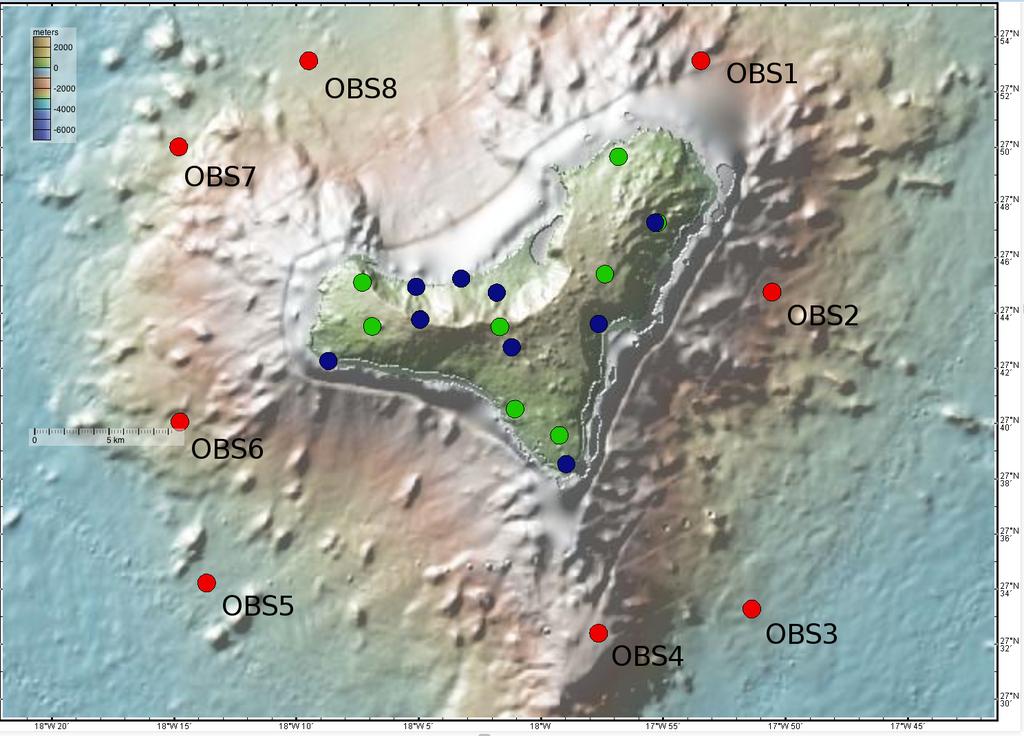 Figure 2: Map of the installed onshore and offshore stations. OBS stations are shown with red circles (coordinates are listed in Tab. 1).