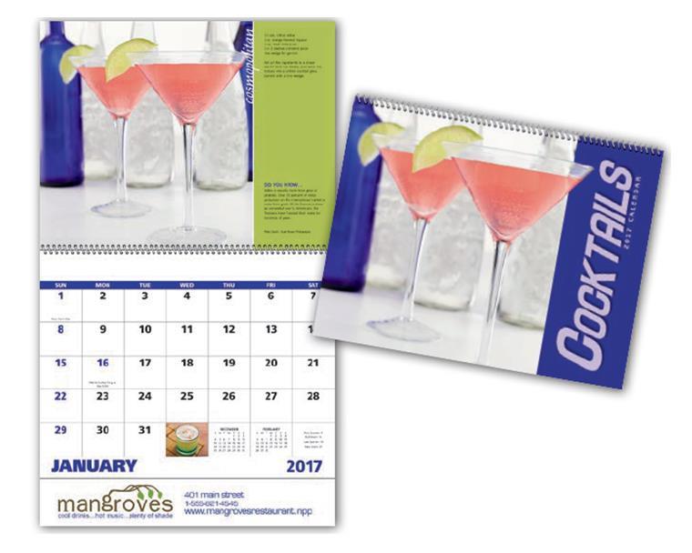 7043 Cocktails - Spiral 2017 Calendar 13-Month calendar with Dec 2017 printed on backmount Gloss Paper Stock with UV Coated Cover High-quality Imagery Paper 11"w x 10"h