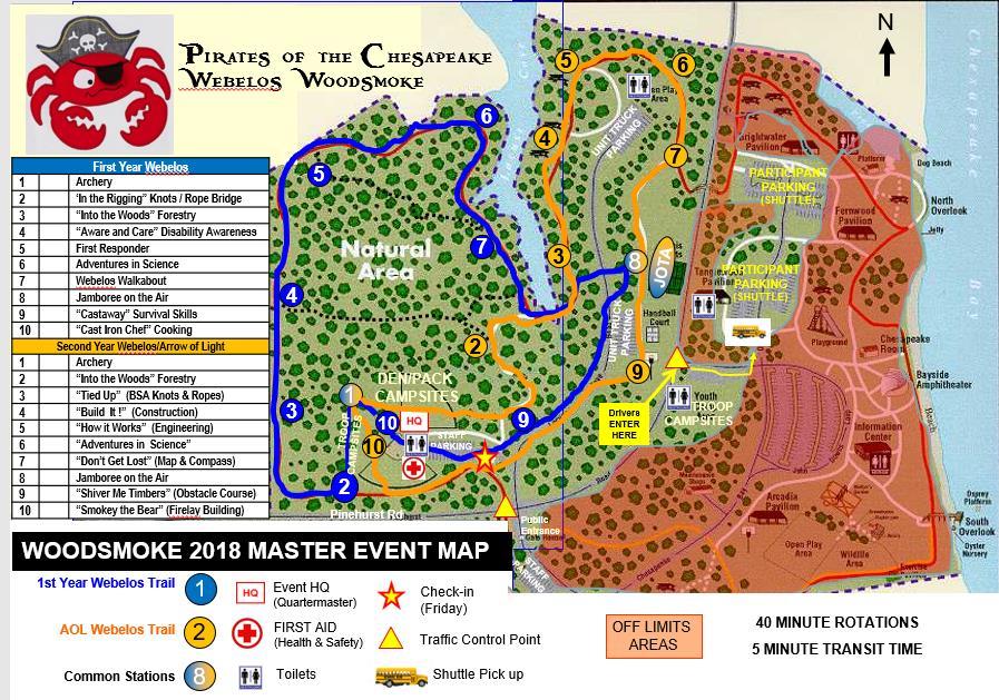 2018 Pirates of the Chesapeake Woodsmoke Site Map PARKING INSTRUCTIONS: Following Downs Park safety and environmental rules, all participants will use paved parking lots in the East half of Downs