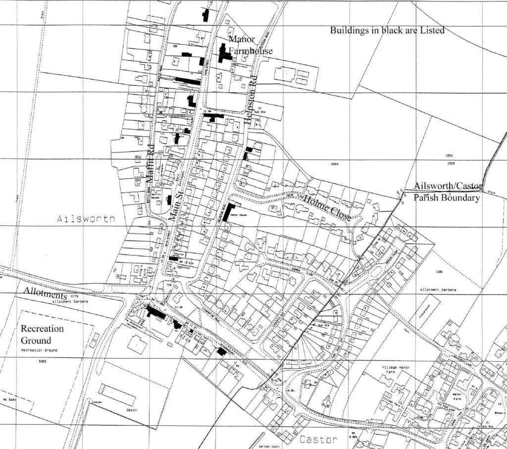 1960s new development. Fig 10m. Map of Ailsworth showing Parish boundary with Castor. Listed buildings marked.