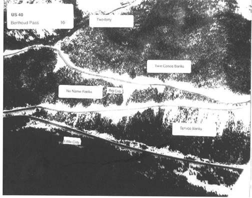 This old U. S. Forest Service photograph shows the location of the Twoforty, Twin Cones, No Name Banks, Big Crib, Spruce Banks, and Little Crib.