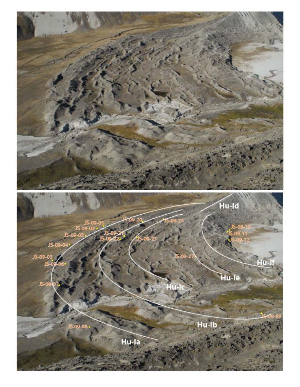 Fig. DR1. Top: Photo of Qori Kalis moraines looking north. Qori Kalis glacier is off the photo to the right (east).