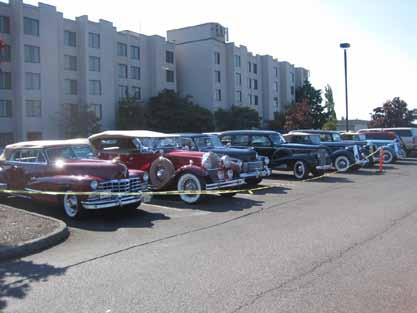 A few of the cars at our first hotel in Portland. My Cadillac is 3rd from the left.