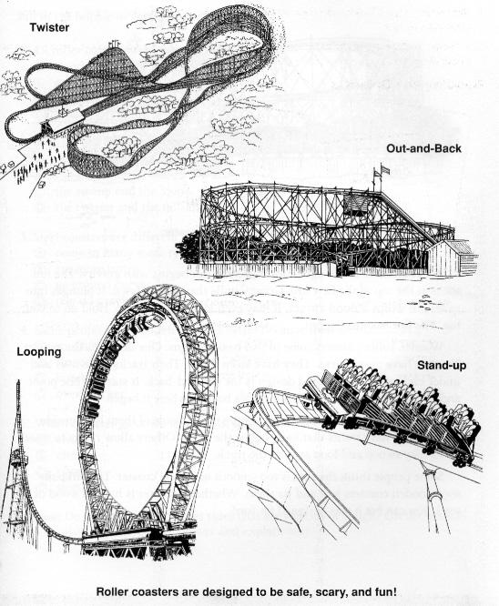 Types of Roller Coasters Wooden roller coasters come in two basic designs. One design is the twister. Twisters have many turns. They have steep drops. Their tracks cross over and under each other.