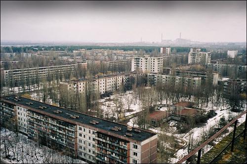 Overhead shot of abandon apartment buildings in Pripyat,