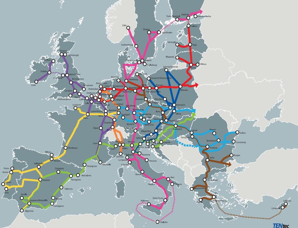 TEN-T corridors in EU countries (5 in Danube region) Mediterranian Corridor Orient/East-Med