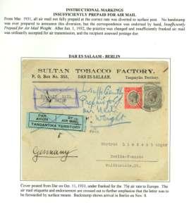 . $130 8348 In struc tional Mark ings, 1931-32, Air Mail / Par Avion, two cov ers: first Tanganyika Air Mail et i quette used on reg is tered cover Tabora -