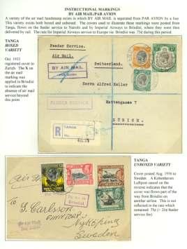 8351 In struc tional Mark ings, 1933-36, Air Mail / Par Avion, two cov ers: 1.) Tanga boxed handstamp plus boxed Feeder Ser vice on reg is tered cover Tanga - Zu - rich, Oct 1933; and 2.
