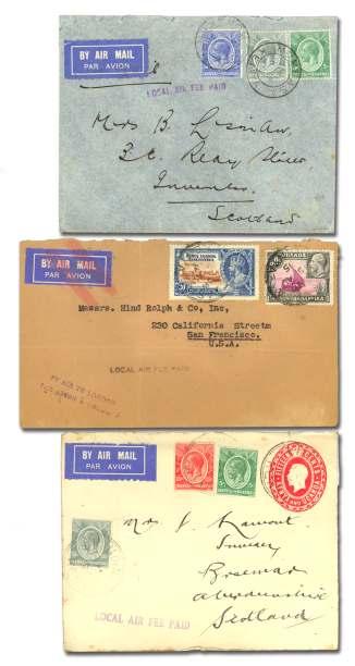 ) cover Mombasa - Scot land, Ap 1933, with vi o let straightline Lo cal Air Fee Paid ; 2.) cover Mombasa to U.S.A., 15 Aug 35 with Lo cal Air Fee Paid and By Air to Lon don / Par Avion a Lon don ; and 3.