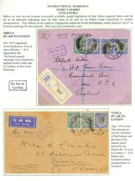 8353 In struc tional Mark ings, 1933-35, Jusqu a, two cov ers: 1.) cover Nai robi - U.S.A., 9 Feb 35, with Par Avion Jusqu a Lon don, franked 70c; and 2.
