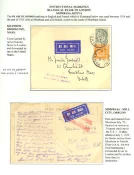 . $110 8361 In struc tional Mark ings, 1935-36, Jusqu a, two cov ers to the U.S.: 1.) reg is tered Zan zi bar - Cal i for nia, 21 Nov 35, franked 1r10c (90c + reg is tra tion), with By Ai